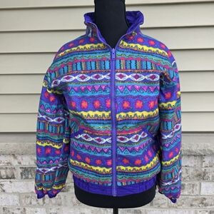 Vintage 90s Youth Reversible Winter Sport Jacket Purple Aztec Fleece M 8-10